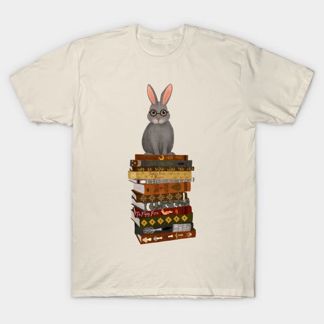 Rabbit on Books T-Shirt by annyamarttinen